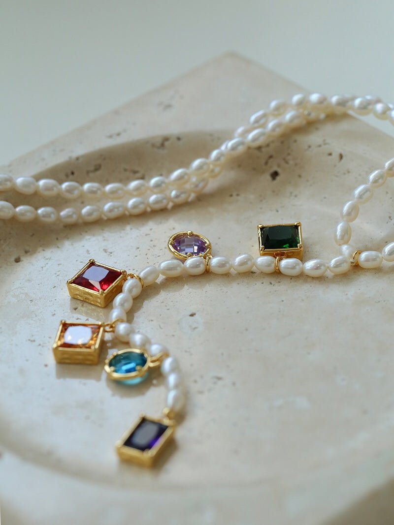 Colorful Geometric Multi - Gemstone Pendant and Pearl Y - shaped Necklace - floysun