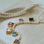 Colorful Geometric Multi - Gemstone Pendant and Pearl Y - shaped Necklace - floysun