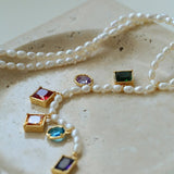 Colorful Geometric Multi - Gemstone Pendant and Pearl Y - shaped Necklace - floysun