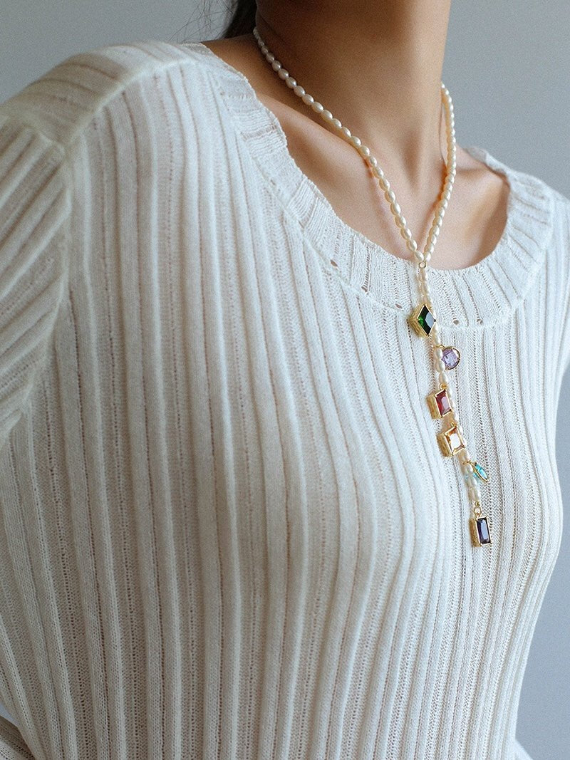 Colorful Geometric Multi - Gemstone Pendant and Pearl Y - shaped Necklace - floysun