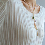 Colorful Geometric Multi - Gemstone Pendant and Pearl Y - shaped Necklace - floysun