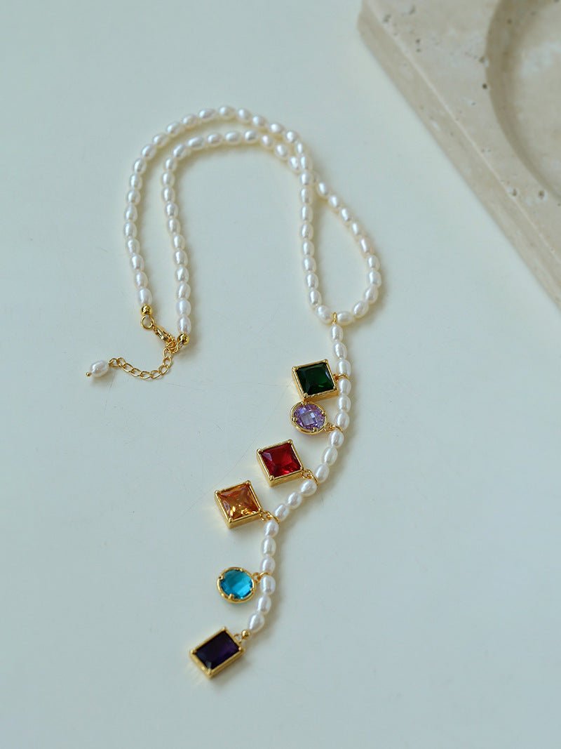 Colorful Geometric Multi - Gemstone Pendant and Pearl Y - shaped Necklace - floysun