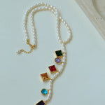 Colorful Geometric Multi - Gemstone Pendant and Pearl Y - shaped Necklace - floysun