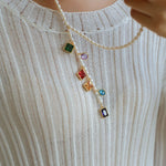 Colorful Geometric Multi - Gemstone Pendant and Pearl Y - shaped Necklace - floysun