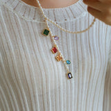 Colorful Geometric Multi - Gemstone Pendant and Pearl Y - shaped Necklace - floysun