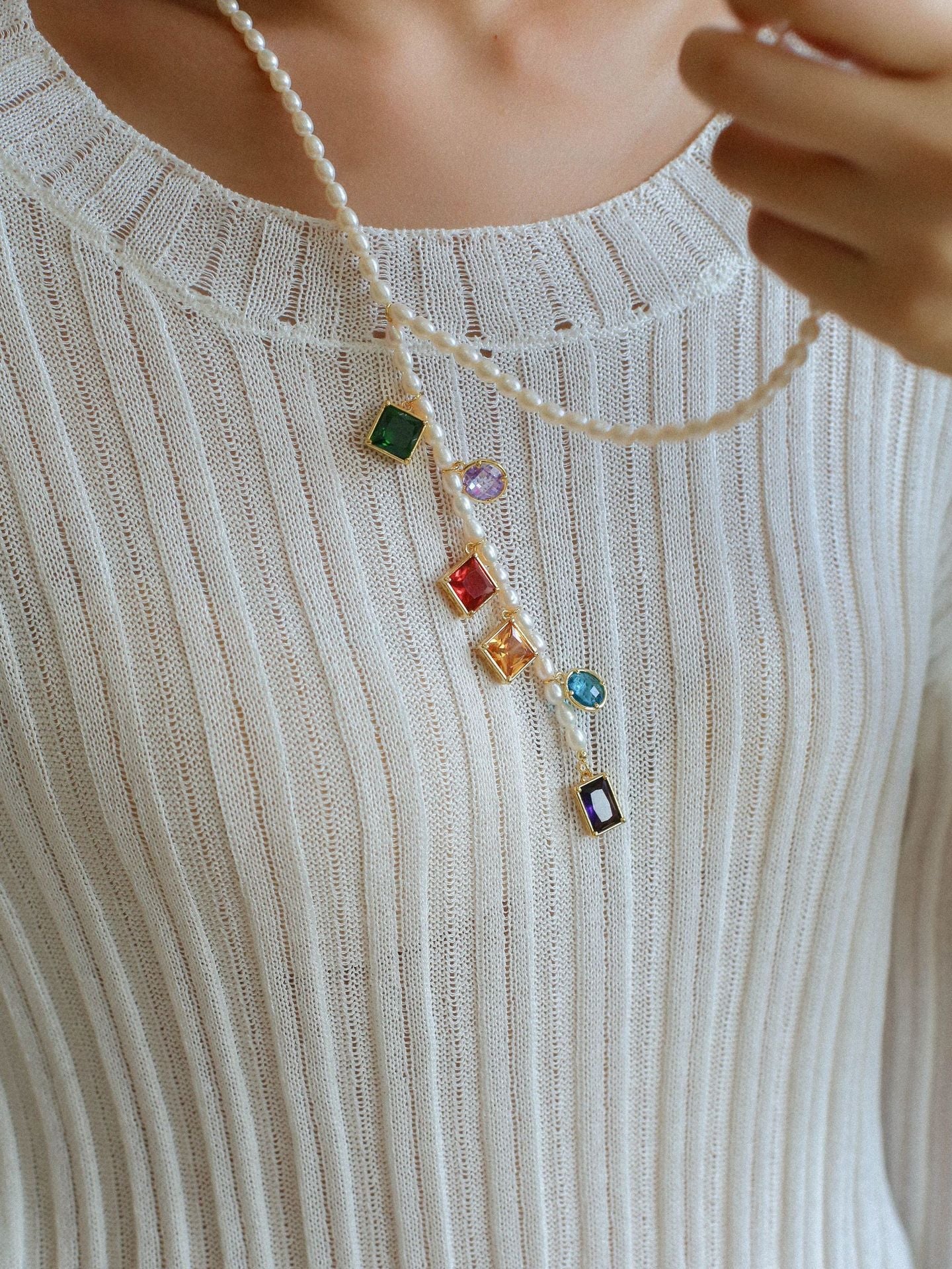 Colorful Geometric Multi - Gemstone Pendant and Pearl Y - shaped Necklace - floysun