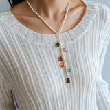 Colorful Geometric Multi - Gemstone Pendant and Pearl Y - shaped Necklace - floysun