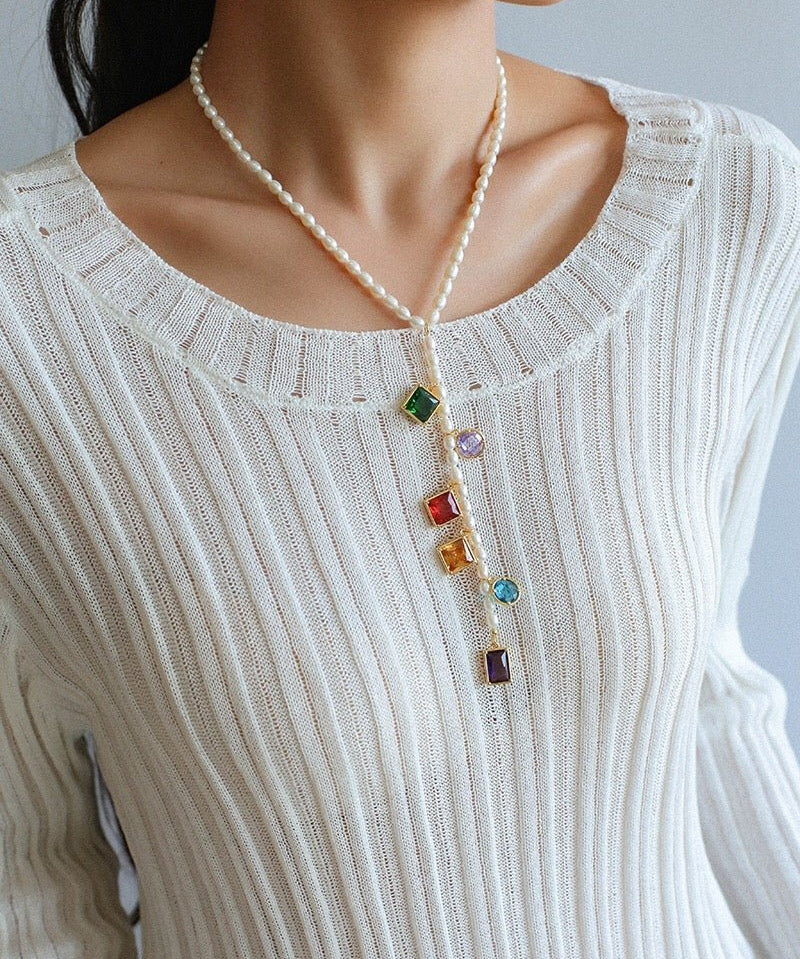 Colorful Geometric Multi - Gemstone Pendant and Pearl Y - shaped Necklace - floysun