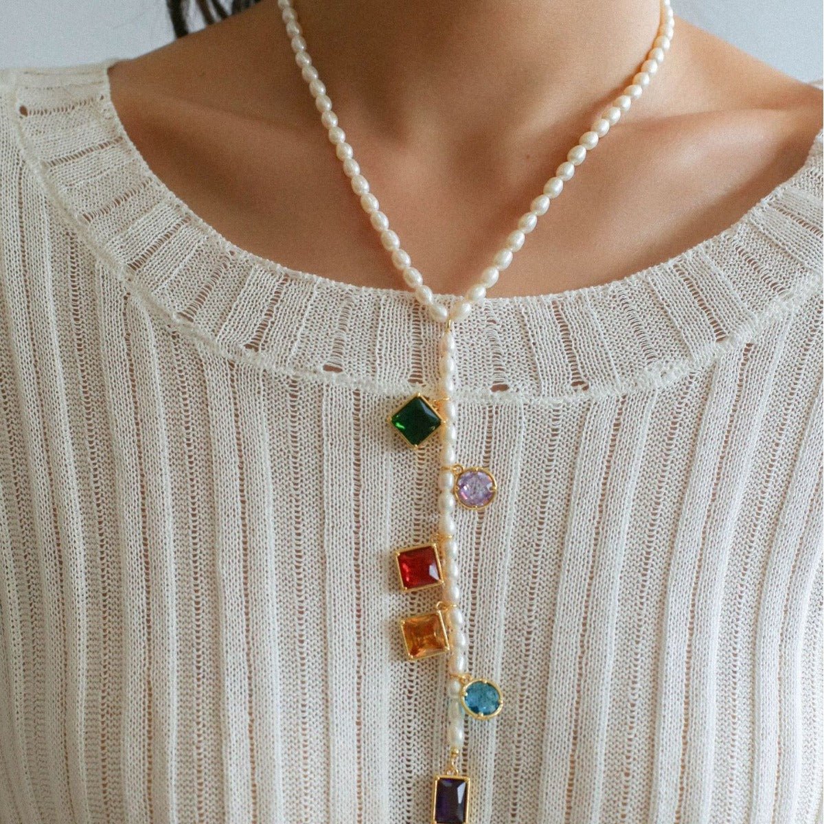 Colorful Geometric Multi - Gemstone Pendant and Pearl Y - shaped Necklace - floysun