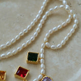 Colorful Geometric Multi - Gemstone Pendant and Pearl Y - shaped Necklace - floysun