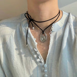 Conch Texture Black Cord Pendant Necklace - floysun