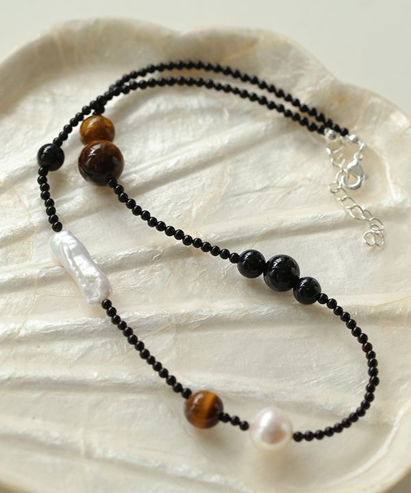 Contrasting Aesthetics Black Onyx Tiger Eye Stone Necklace - floysun