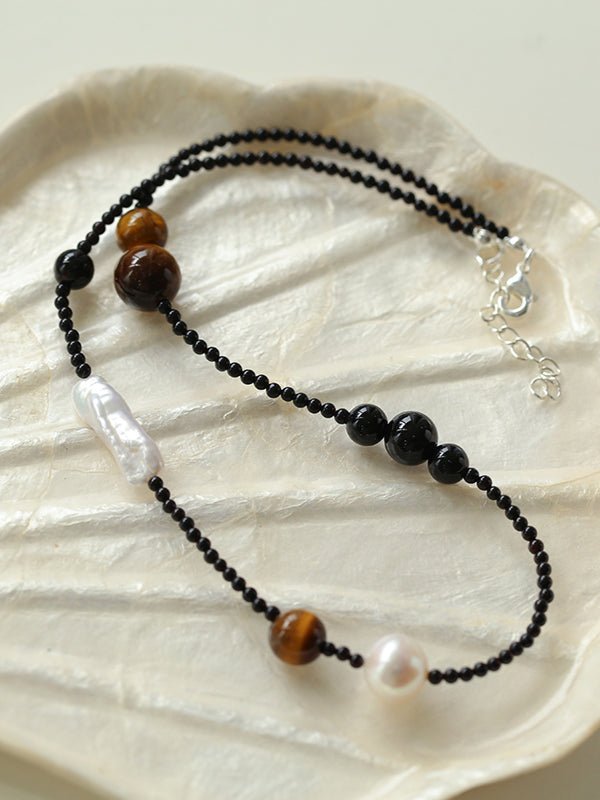 Contrasting Aesthetics Black Onyx Tiger Eye Stone Necklace - floysun