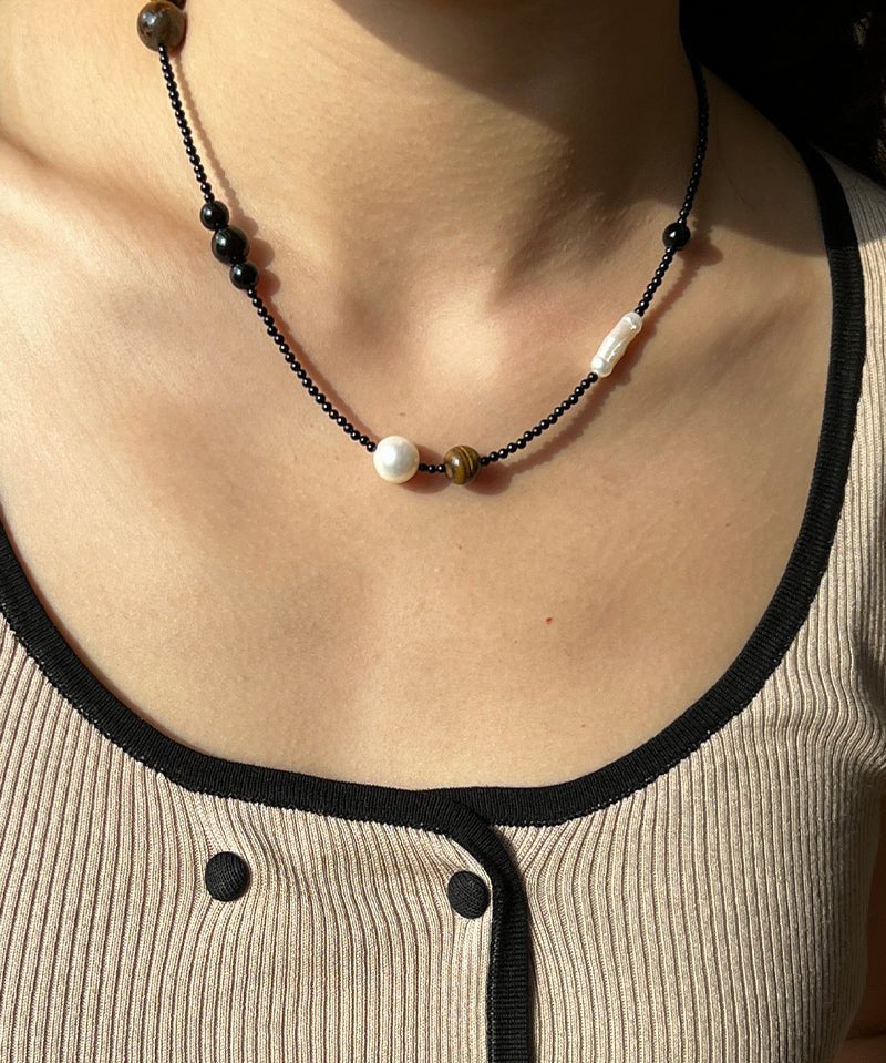 Contrasting Aesthetics Black Onyx Tiger Eye Stone Necklace - floysun