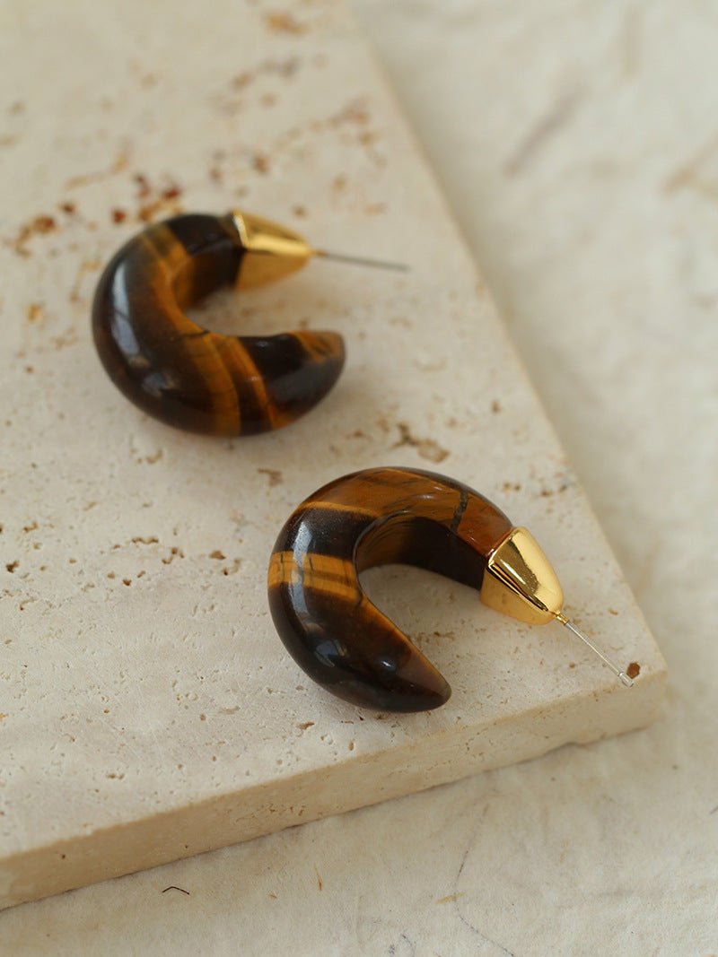 Crescent Moon Shaped Black Agate & Tiger's Eye Earrings - floysun