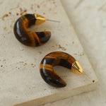 Crescent Moon Shaped Black Agate & Tiger's Eye Earrings - floysun