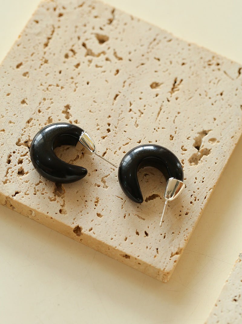 Crescent Moon Shaped Black Agate & Tiger's Eye Earrings - floysun