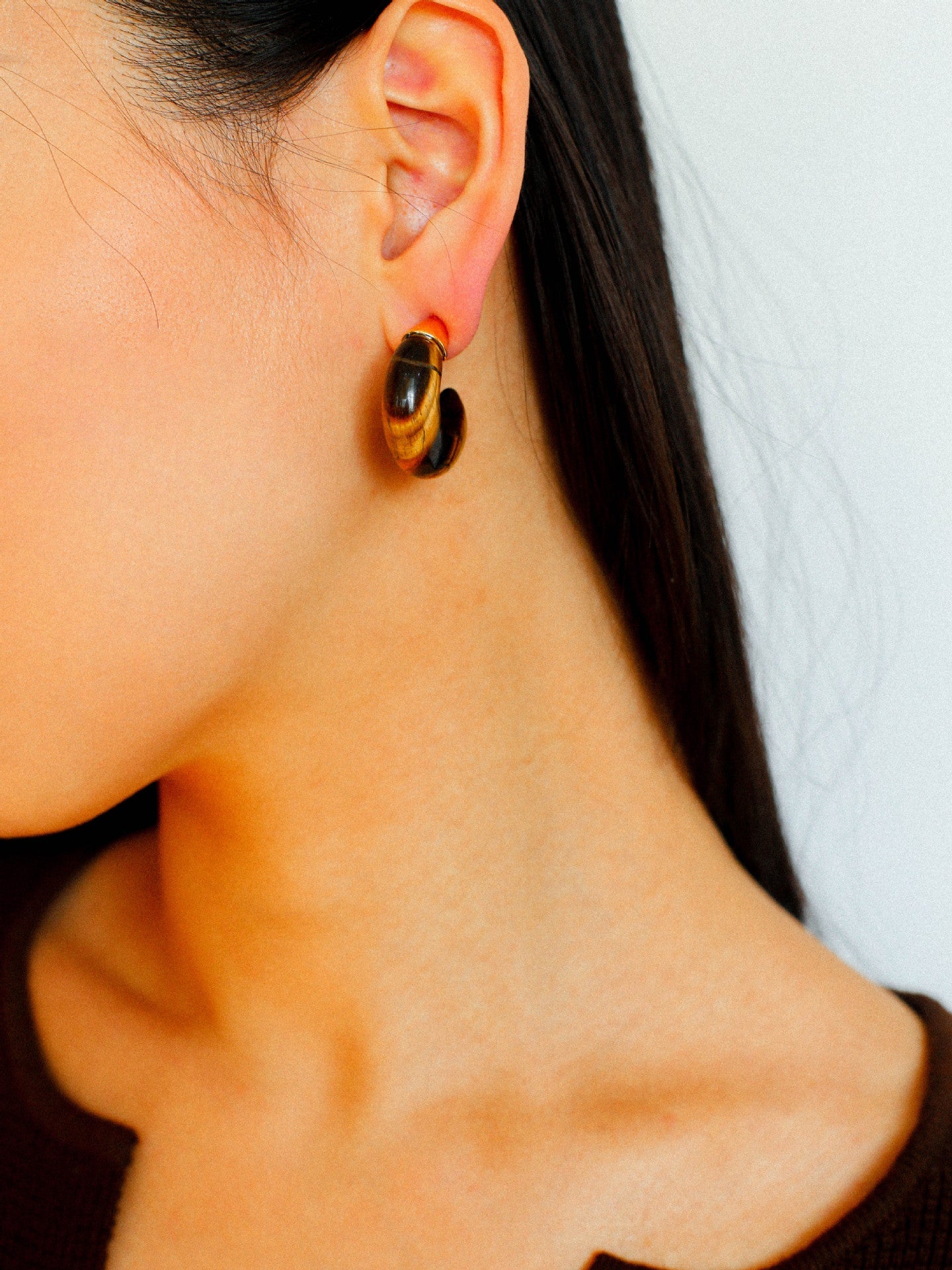 Crescent Moon Shaped Black Agate & Tiger's Eye Earrings - floysun