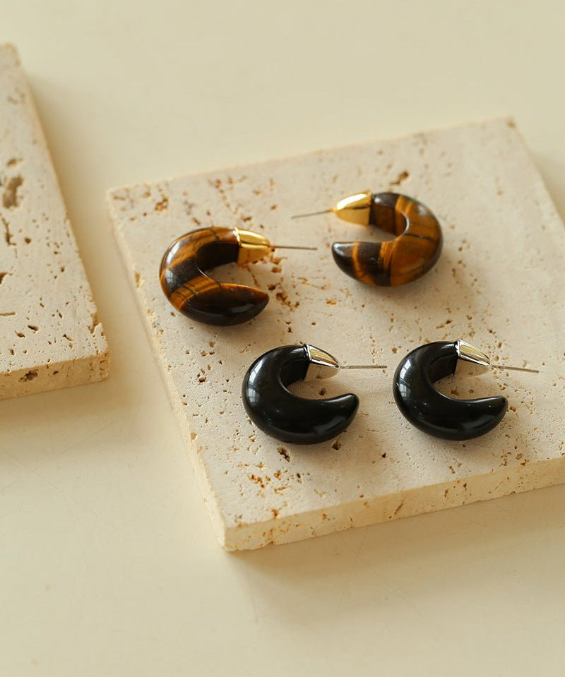 Crescent Moon Shaped Black Agate & Tiger's Eye Earrings - floysun