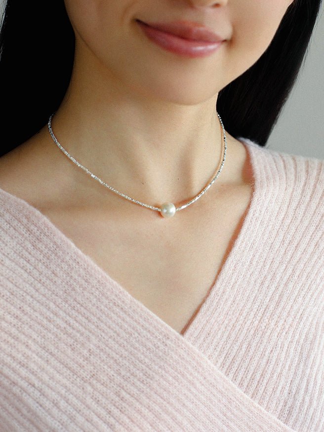 Crushed Silver Bead Natural Pearl Pendant Necklace - floysun