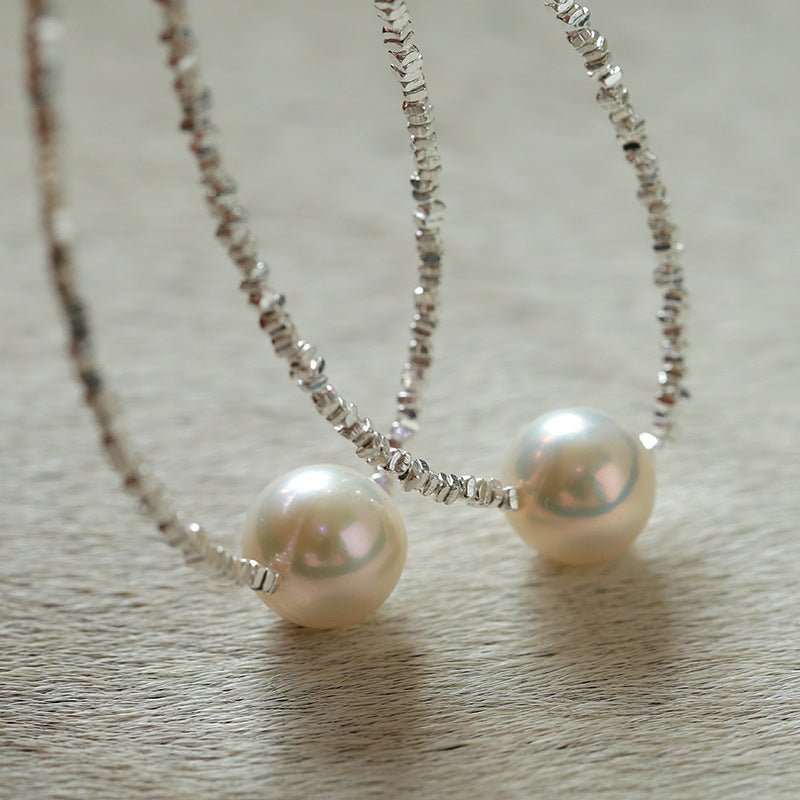 Crushed Silver Bead Natural Pearl Pendant Necklace - floysun