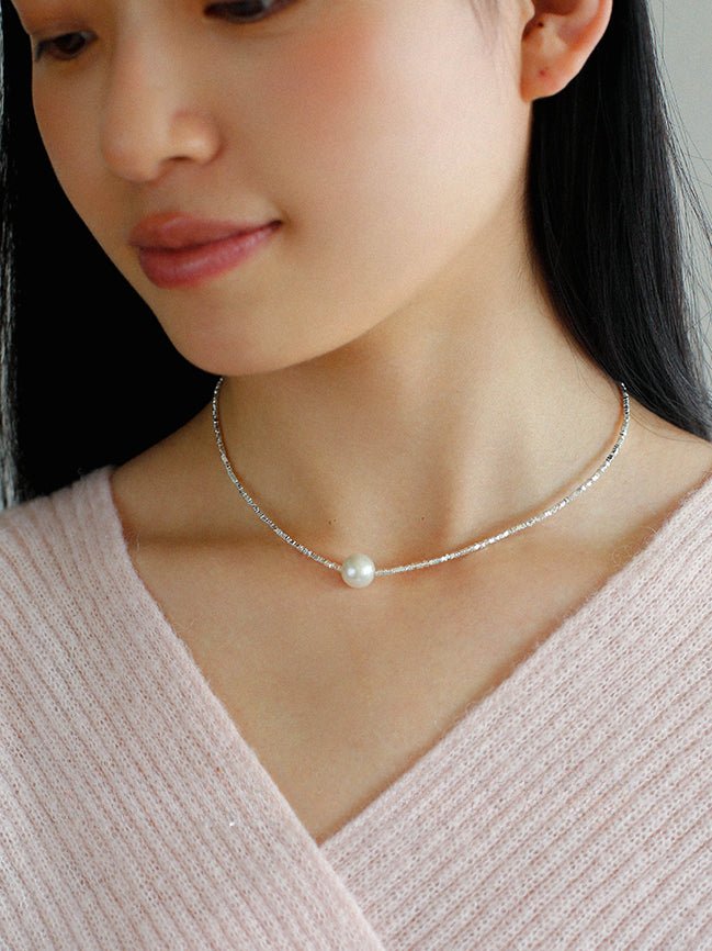 Crushed Silver Bead Natural Pearl Pendant Necklace - floysun