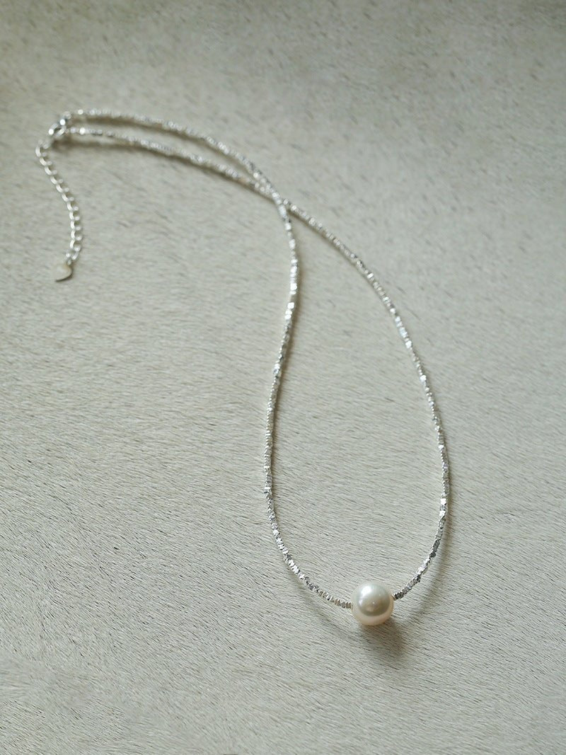 Crushed Silver Bead Natural Pearl Pendant Necklace - floysun