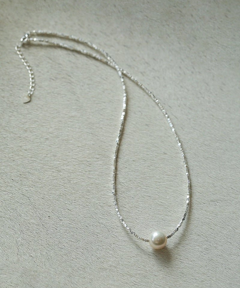 Crushed Silver Bead Natural Pearl Pendant Necklace - floysun