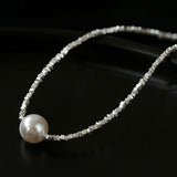 Crushed Silver Bead Natural Pearl Pendant Necklace - floysun