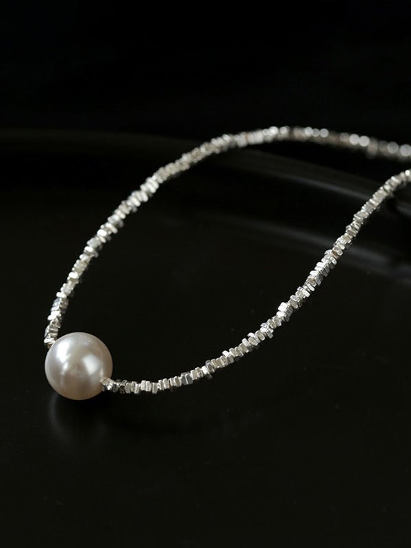 Crushed Silver Bead Natural Pearl Pendant Necklace - floysun