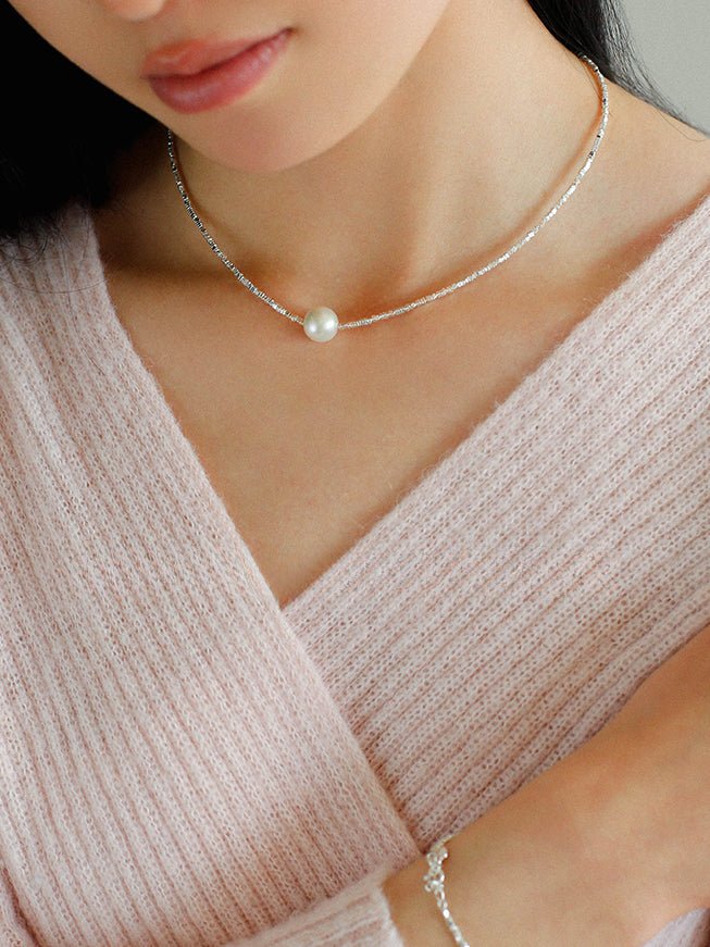 Crushed Silver Bead Natural Pearl Pendant Necklace - floysun