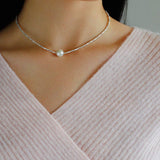 Crushed Silver Bead Natural Pearl Pendant Necklace - floysun