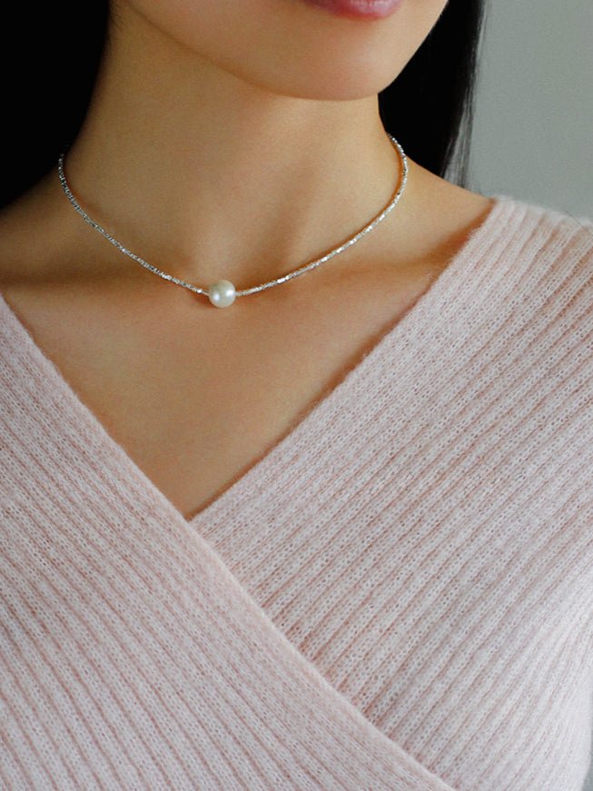 Crushed Silver Bead Natural Pearl Pendant Necklace - floysun