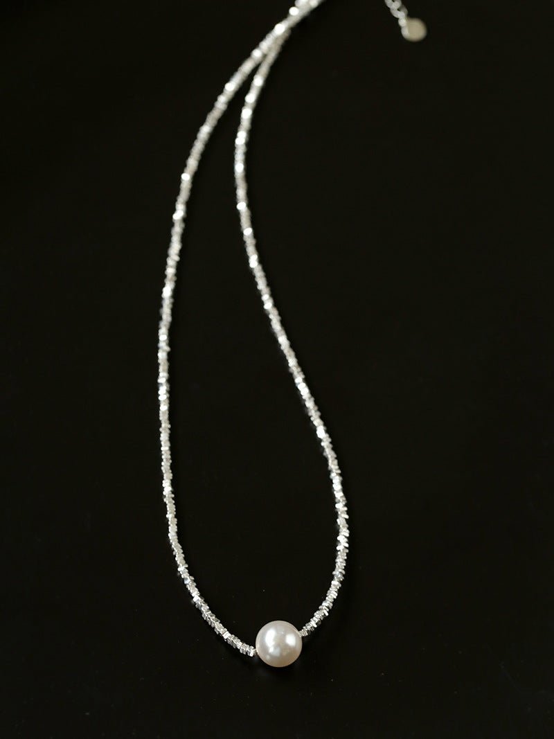 Crushed Silver Bead Natural Pearl Pendant Necklace - floysun