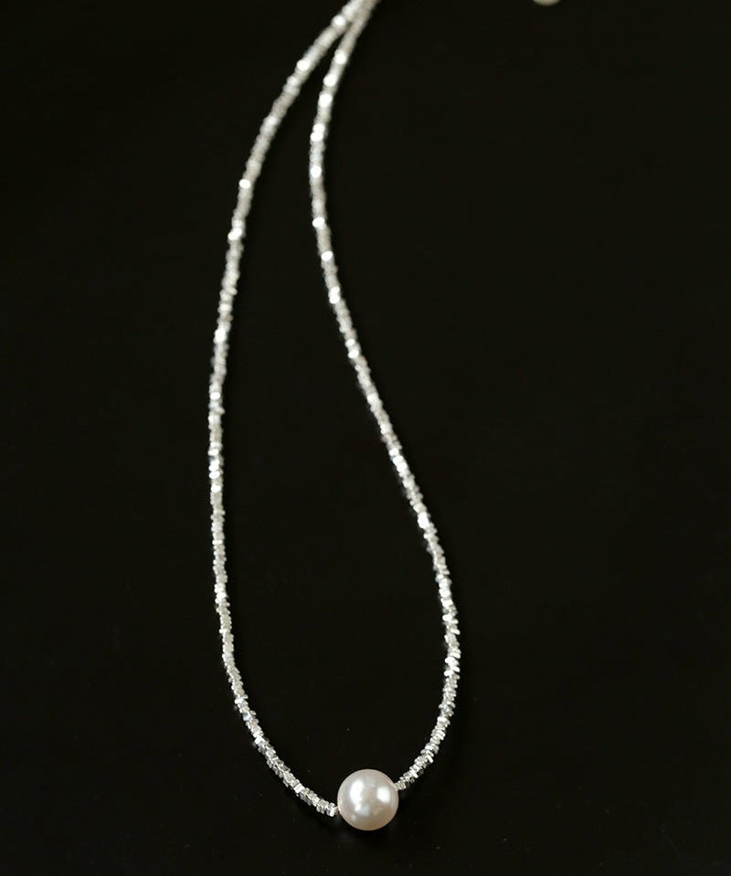 Crushed Silver Bead Natural Pearl Pendant Necklace - floysun