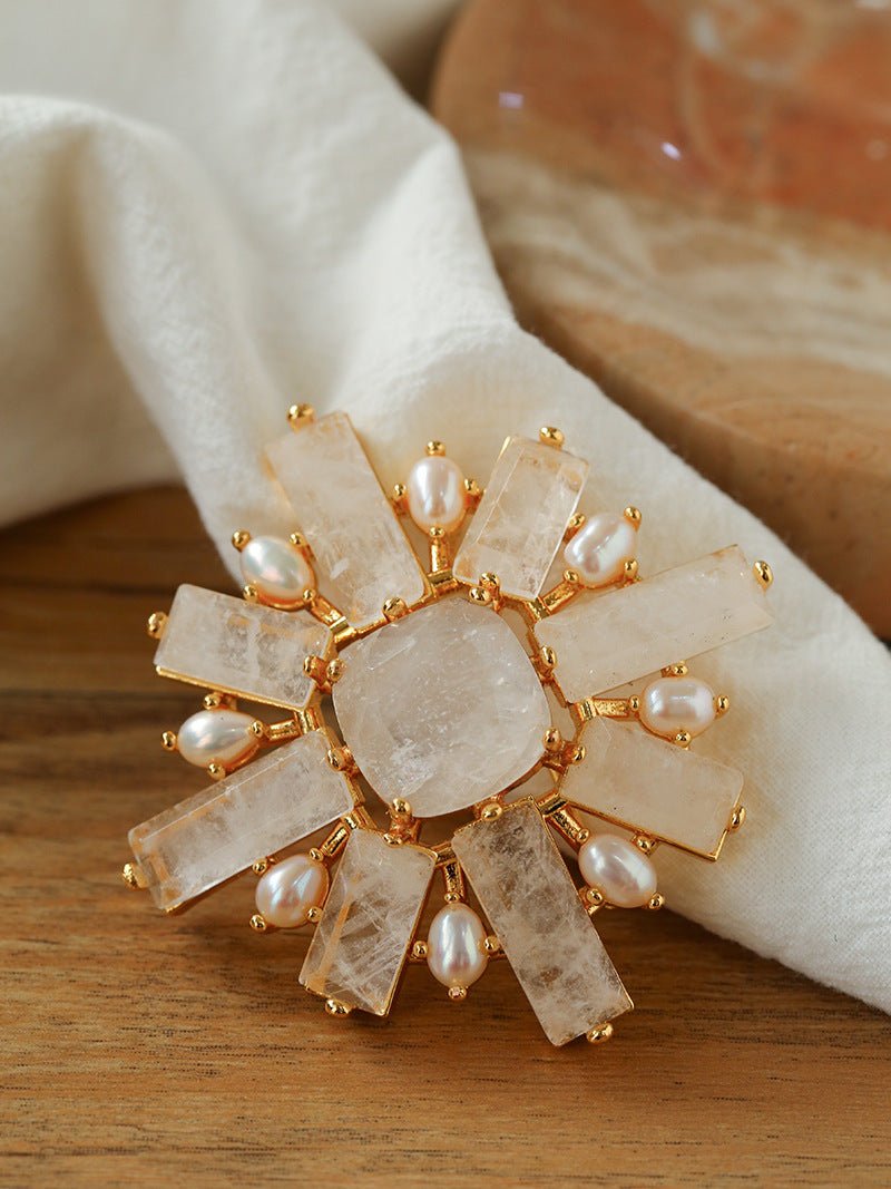 Crystal Cross Brooch & Sunflower Pearl Brooch - floysun