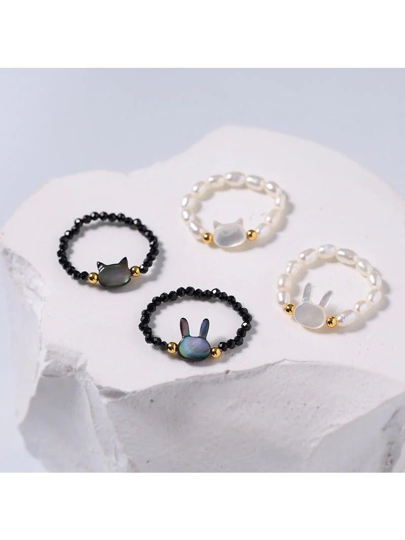 Cute Rabbit Cat Pearl Black Spinel Stretch Ring （Buy One Get One Free） - floysun