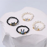 Cute Rabbit Cat Pearl Black Spinel Stretch Ring （Buy One Get One Free） - floysun