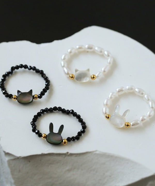 Cute Rabbit Cat Pearl Black Spinel Stretch Ring （Buy One Get One Free） - floysun