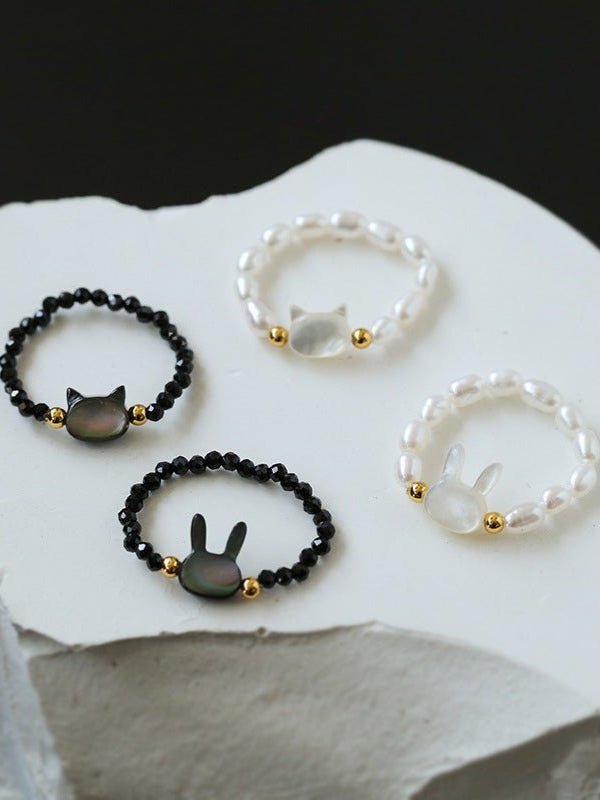 Cute Rabbit Cat Pearl Black Spinel Stretch Ring （Buy One Get One Free） - floysun