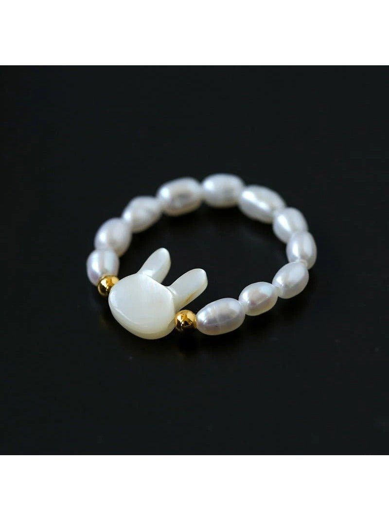 Cute Rabbit Cat Pearl Black Spinel Stretch Ring （Buy One Get One Free） - floysun