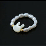 Cute Rabbit Cat Pearl Black Spinel Stretch Ring （Buy One Get One Free） - floysun