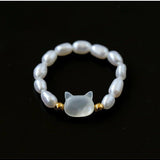 Cute Rabbit Cat Pearl Black Spinel Stretch Ring （Buy One Get One Free） - floysun