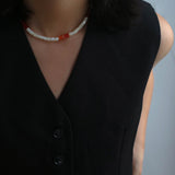 Cylindrical Red Onyx and White Mother - of - Pearl Beaded Necklace - floysun