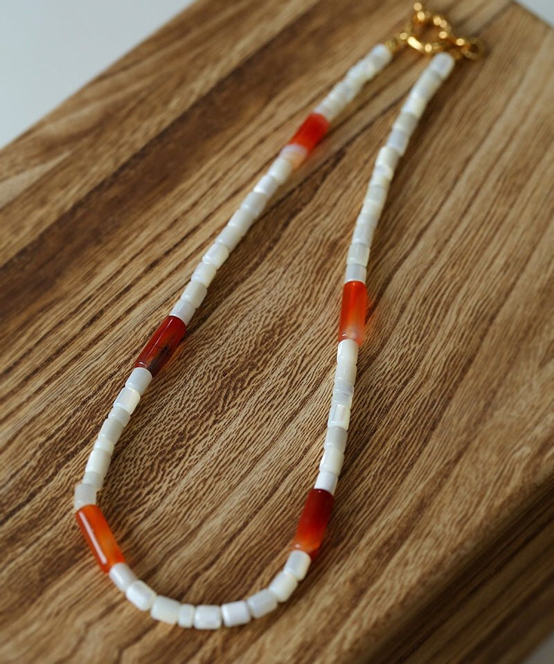 Cylindrical Red Onyx and White Mother - of - Pearl Beaded Necklace - floysun