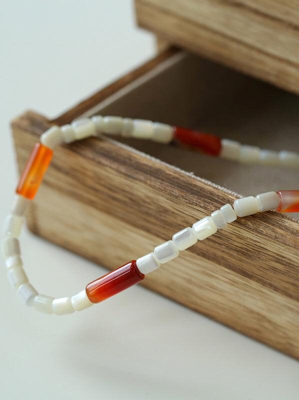 Cylindrical Red Onyx and White Mother - of - Pearl Beaded Necklace - floysun