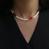 Cylindrical Red Onyx and White Mother - of - Pearl Beaded Necklace - floysun