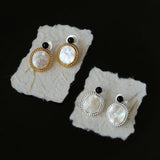 Dark Night Black Agate Mirror White Mother of Pearl Earrings-Mother of Pearl Earrings