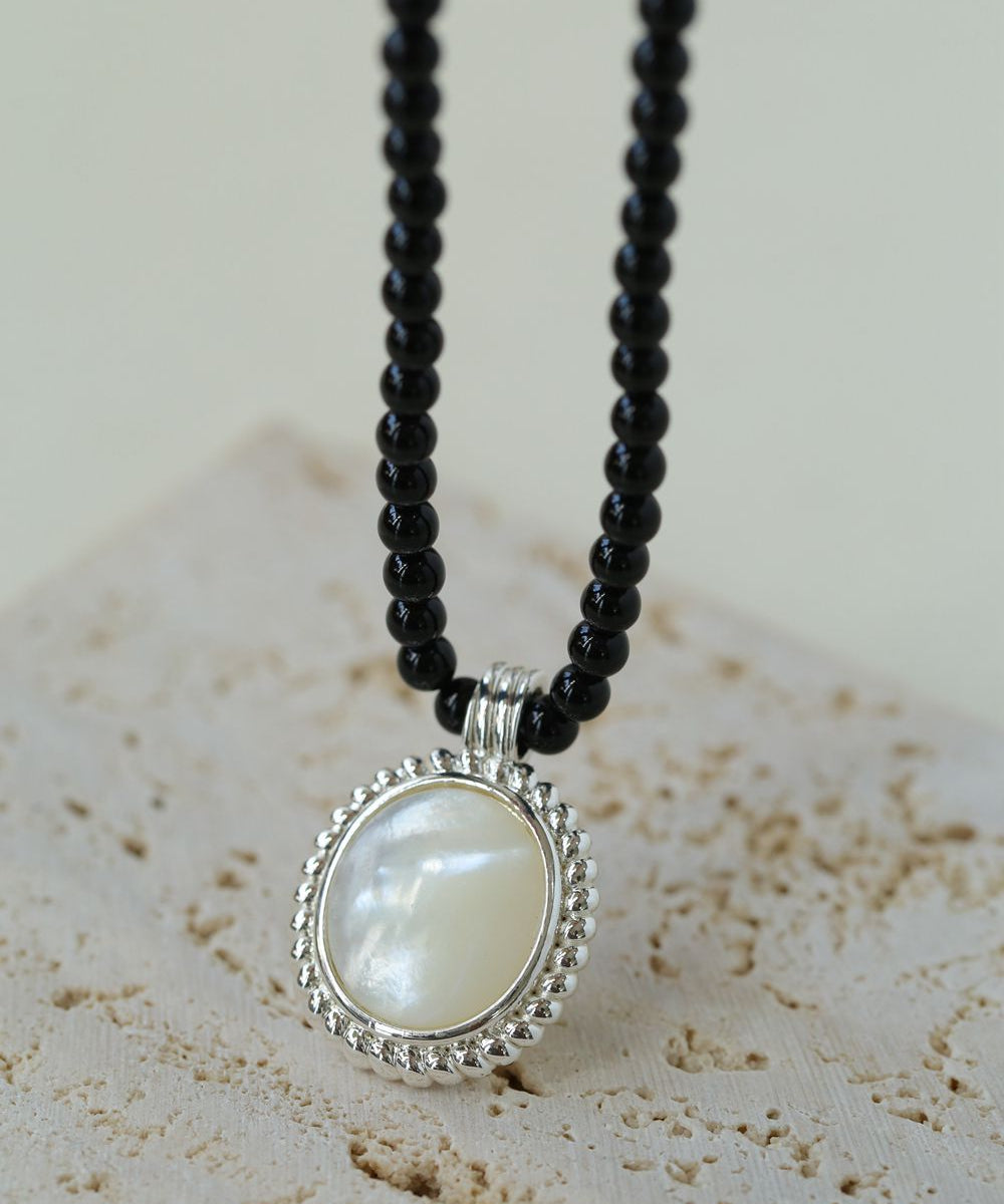 Dark Night Black Onyx Mirror White Mother of Pearl Pendant Beaded Necklace - floysun