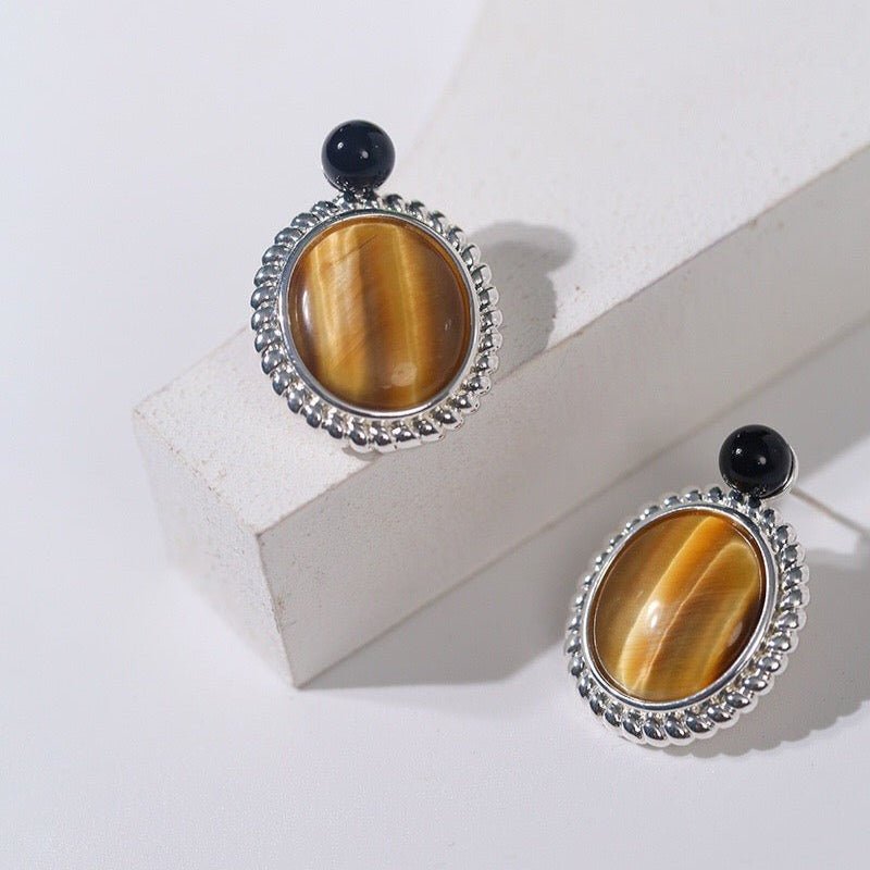 Dark Night Tiger Eye Mirror Gemstone Earrings - Tiger Eye Stone Earrings - floysun